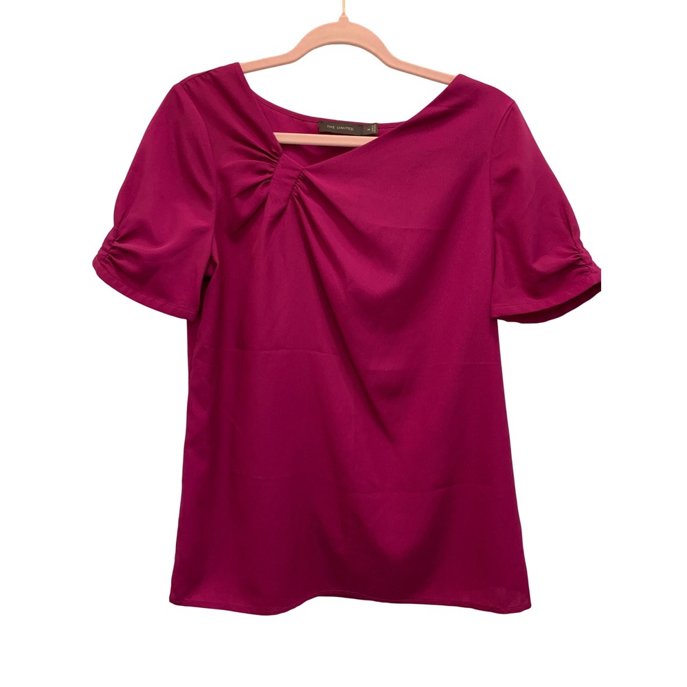 The‎ Limited Magenta Bow Neck Blouse Women's Medium Short Sleeve Career Top